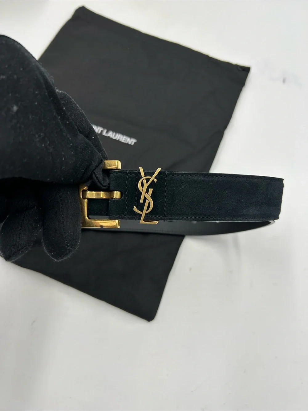 Women's Saint Laurent Black Suede Belt with Gold YSL Logo 80/32 inches